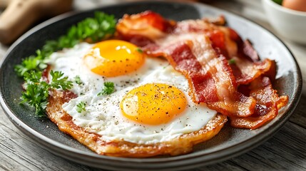 Healthy breakfast on plate consisting of fried eggs and bacon