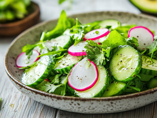 refreshing cucumber and radish salad with crisp greens, lightly seasoned with black pepper. The vibrant colors and fresh ingredients make it a perfect healthy dish for any occasion