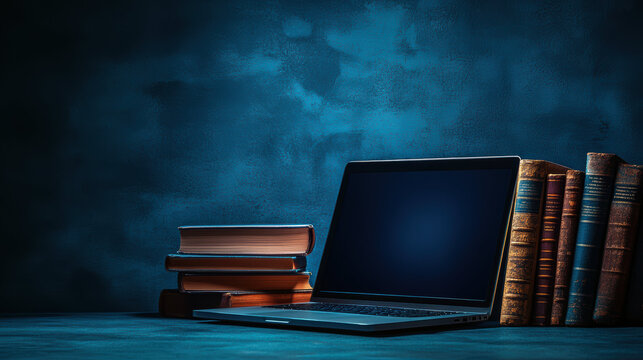 sleek laptop sits open beside collection of diverse books, symbolizing fusion of technology and knowledge. soft glow of blue background enhances essence of exploration and discovery