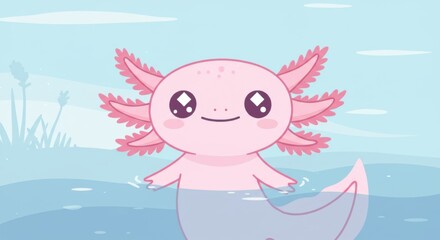 Smiling Pastel Pink Axolotl Floating in Water