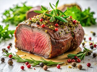 Savor succulent herb-crusted beef tenderloin; gourmet photography showcases its juicy perfection against a pristine white backdrop.