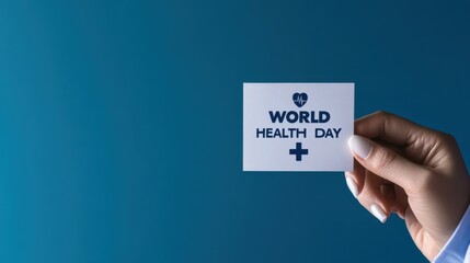 World Health Day concept, close-up of a doctor's hand holding a card with the text "WORLD HEALTH DAY" traditional and modern medical symbols, world health day background 