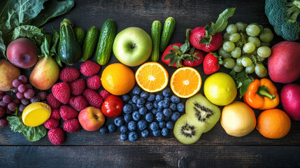 symphony of vibrant fruits and veggies, each bursting with color and freshness, lay artfully arranged on rustic wooden table, showcasing nature bounty for promoting well being