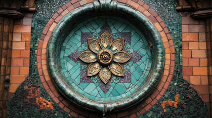 Ornate Talavera Tile Fountain with Decorative Floral Design Pattern