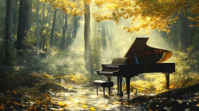 A grand piano elegantly situated in a serene forest setting, surrounded by vibrant autumn foliage. Sunlight streams through the trees, casting a magical glow and creating a tranquil atmosphere. The pi