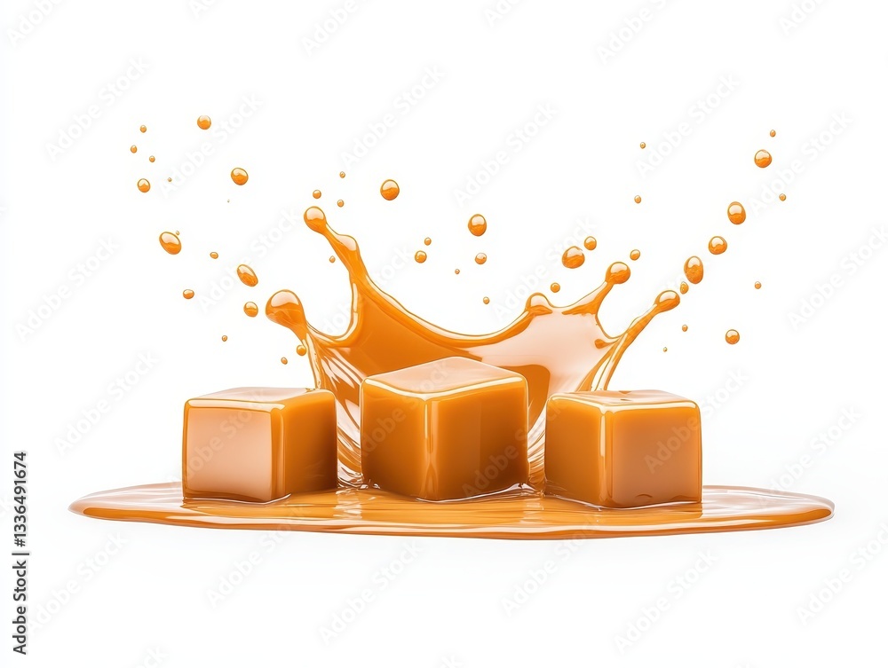 Poster three caramel cubes splashing in a pool of syrup against a white background