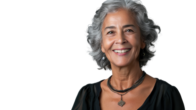 Smiling senior woman with gray hair on transparent background