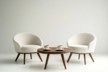 Two creamy white armchairs flanking a light brown wooden coffee table, with two small white cups of coffee in the center