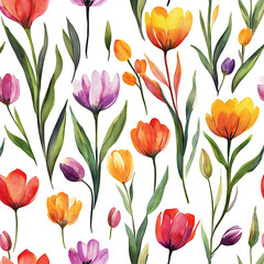 Obraz premium Watercolor floral pattern tile featuring flowers tulips and leaves traditional hand painted whimsical seamless print with an abstract batik design. Floral. Illustration