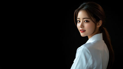 Korean business woman in white shirt smiling isolated on black background