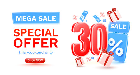 30 percent Special offer mega sale, Check and gift box. Sale banner and poster. Vector