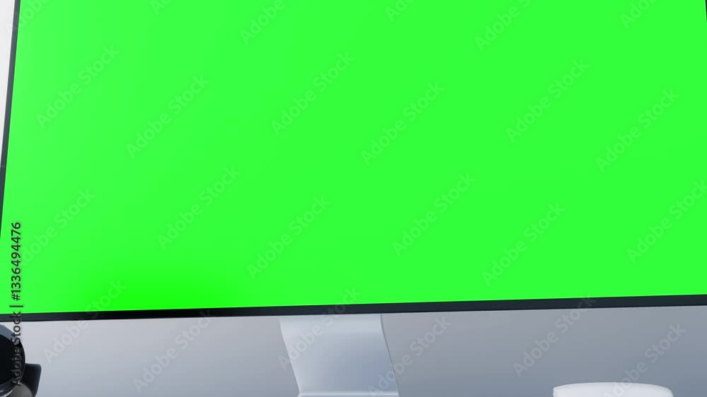 Poster modern workspace featuring a green screen computer monitor and headphones. a shot with a close-up on