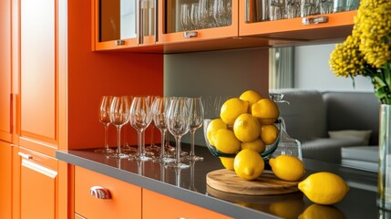Modern orange kitchen, lemons, glassware, dark counter