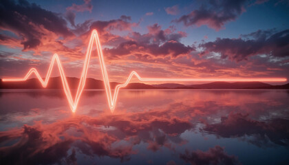 Glowing heartbeat monitor line over tranquil lake at sunset, environmental awareness