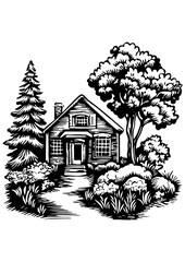 House vector illustration, home biulding design, black and white line art, gift ideas, engrave laser, tattoo idea, logo design, vector sketch, printable