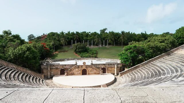 Zoom out shot of Altos de Chavon amphitheater, a tourist attraction, re-creation of a old Mediterranean style village in La Romana, Carribean travel,Dominican republic.