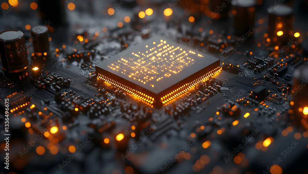 Poster glowing circuit board close-up of illuminated microchip technology
