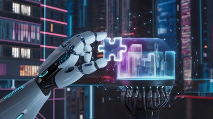 Cyberpunk cityscape with a robotic hand placing a holographic puzzle piece into a network – Ideal for futuristic AI integration, smart city development, or advanced technology concepts.