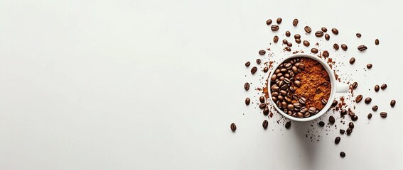 Obraz premium Coffee beans and ground coffee in a cup.