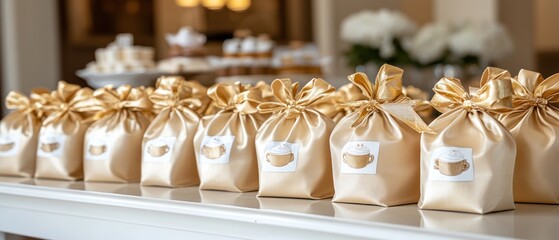 Elegant Gift Bags Arranged Neatly On A White Surface