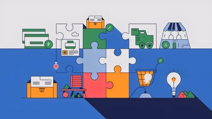 Obraz premium Commerce ecosystem illustration with interlocking puzzle pieces representing payment, delivery, and marketing on a gradient background