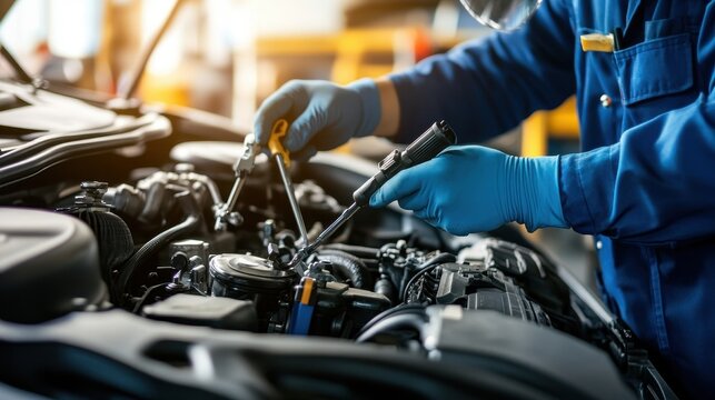 A Close Up View Of Mechanic Hands Inspecting A Car Engine During Maintenance In A Well Lit Repair Shop Ideal For Illustrating Automotive Repair Concepts. Perfect For Showing Automotive Repair