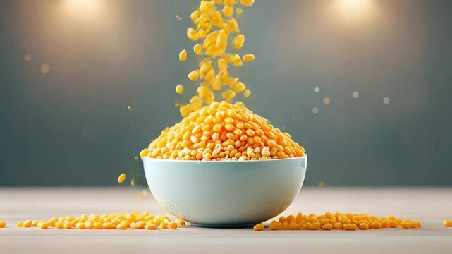 Fresh corn kernels cascading into a bowl
