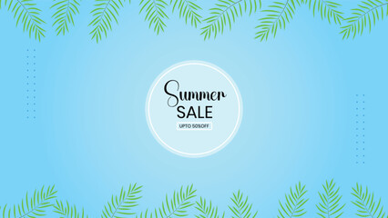 Bright summer sale background with palm leaves on a blue sky. Perfect for promotions, banners, ads, and seasonal offers with a tropical and refreshing theme.