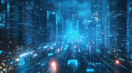 Obraz premium Futuristic city street at night, digital art, high tech, speed