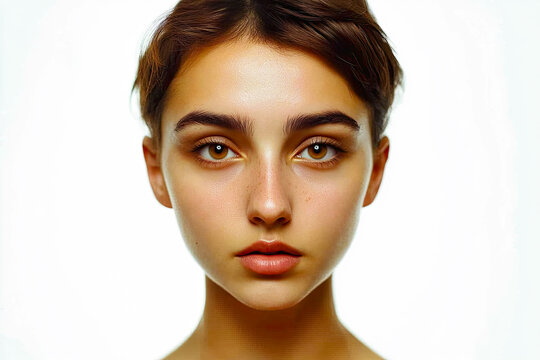 Portrait of a young person with an oval face shape and expressive eyes captured in soft light