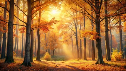Golden Sunlight Illuminates a Path Through an Autumnal Forest of Tall Trees with Vibrant Orange and Yellow Leaves