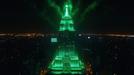 Tall illuminated building in a city skyline at nighttime is seen