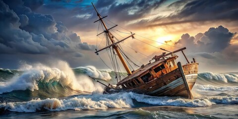 Obraz premium A weathered wooden sailboat, battered by powerful ocean waves during a dramatic sunset, embodies resilience and the untamed power of nature.