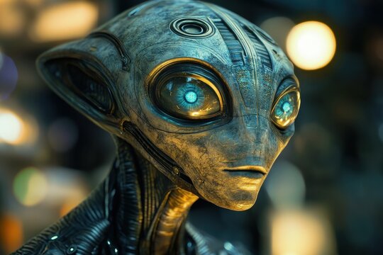 Close-up of an Alien's Face with Glowing Blue Eyes