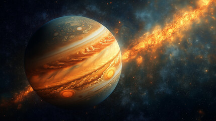 Jupiter planet glowing in space with cosmic background  