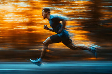 Runner sprinting at sunset achieving fitness goals healthy lifestyle active man sport