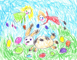 Easter egg hunt. Girls, rabbit and dyed Easter eggs. Easter greeting card in kid's drawing style, scribbles. Colored pencils drawing. Spring season. Creative template for holiday card, decor, print.
