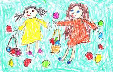 Easter egg hunt. Two girls with baskets, Easter eggs. Easter greeting card in kid's drawing style, scribbles. Colored pencils drawing. Spring season. Lovely illustration.