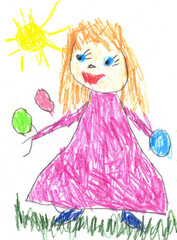 Girl in a pink dress, dyed Easter eggs. Easter egg hunt. Sun is shining.  Easter greeting card in kid's drawing style, scribbles. Colored pencils drawing. 