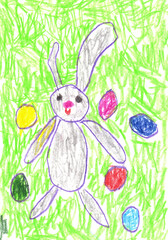 Easter egg hunt. Grey rabbit and dyed Easter eggs on the lawn. Easter greeting card in kid's drawing style, scribbles. Colored pencils drawing. Spring season.