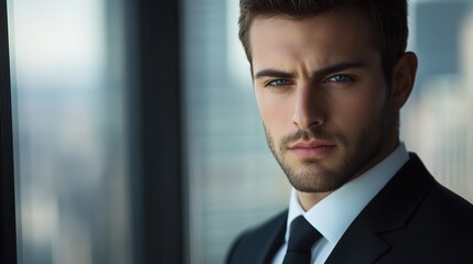Focused businessman in formal attire, exuding confidence and professionalism in a modern office setting.