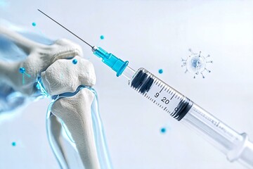 3D illustration of syringe and knee joint symbolizing medical treatment for joint pain