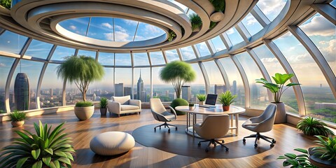 Fototapeta premium A luxurious office setting with tall potted trees and sleek furniture creating an inviting and sophisticated work area