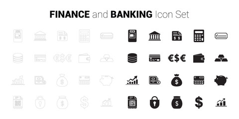 Finance and Banking Icon Set. Editable vector minimalist fill and outline icon.