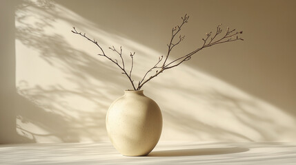 Elegant Minimalist Still-Life Composition Featuring Ceramic Vase with Branches and Soft Natural Shadows