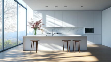Elegant Modern Minimalist Kitchen Interior with Marble Island and Panoramic City View

