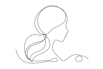Line Art Woman Profile Portrait.  Natural Continuous Outline Romantic Female Face Character Avatar. Minimalist Hand Drawn Stylized One Curve Stroke Girl Profile. Elegant Vintage Vector Illustration.  