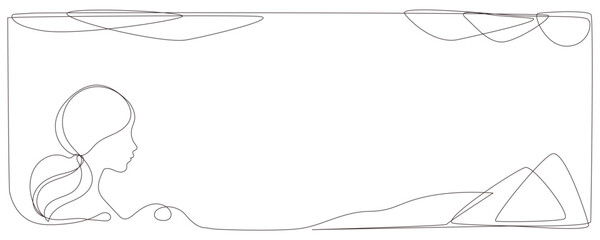 Line Art Woman Profile Portrait.  Natural Continuous Outline Romantic Female Face Character Avatar. Minimalist Hand Drawn Stylized One Curve Stroke Girl Profile. Elegant Vintage Vector Illustration.   © Silkyinky