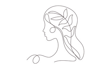Line Art Woman Profile Portrait.  Natural Continuous Outline Romantic Female Face Character Avatar. Minimalist Hand Drawn Stylized One Curve Stroke Girl Profile. Elegant Vintage Vector Illustration.  