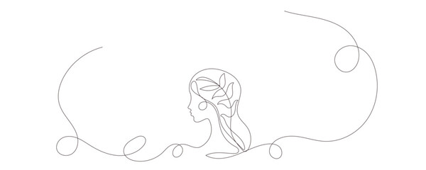 Line Art Woman Profile Portrait.  Natural Continuous Outline Romantic Female Face Character Avatar. Minimalist Hand Drawn Stylized One Curve Stroke Girl Profile. Elegant Vintage Vector Illustration.  